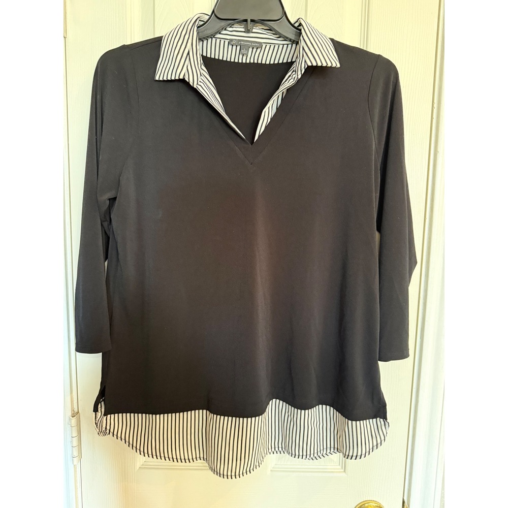 Adrianna Papell Black Striped Mixed Media Layered V-Neck Top Large 3/4 Sleeve